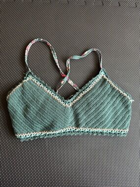 Xhilaration Green Crocheted Bikini Top with Pink Trim